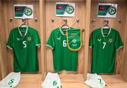 14 October 2023; Republic of Ireland jerseys hanging in the dressing room before the UEFA European U17 Championship qualifying round 10 match between Republic of Ireland and Iceland at Turner's Cross in Cork. Photo by Eóin Noonan/Sportsfile