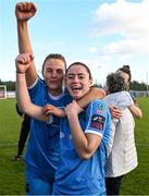 14 October 2023; Peamount United players Chloe Moloney and Lauryn O'Callaghan, right, celebrate after claiming the title after victory in the SSE Airtricity Women's Premier Division match between Wexford Youths and Peamount United at Ferrycarrig Park in Wexford. Photo by Piaras Ó Mídheach/Sportsfile