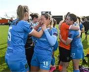 14 October 2023; Peamount United players Avril Brierley, 18, and Chloe Moloney celebrate after claiming the title after victory in the SSE Airtricity Women's Premier Division match between Wexford Youths and Peamount United at Ferrycarrig Park in Wexford. Photo by Piaras Ó Mídheach/Sportsfile