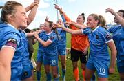 14 October 2023; Peamount United players celebrate after claiming the title after victory in the SSE Airtricity Women's Premier Division match between Wexford Youths and Peamount United at Ferrycarrig Park in Wexford. Photo by Piaras Ó Mídheach/Sportsfile