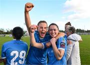 14 October 2023; Peamount United players Chloe Moloney and Lauryn O'Callaghan, right, celebrate after claiming the title after victory in the SSE Airtricity Women's Premier Division match between Wexford Youths and Peamount United at Ferrycarrig Park in Wexford. Photo by Piaras Ó Mídheach/Sportsfile