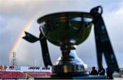 14 October 2023; A rainbow is seen behind the FAI Women's Cup trophy before the FAI Women's Cup semi-final match between Sligo Rovers and Athlone Town at The Showgrounds in Sligo. Photo by Tyler Miller/Sportsfile