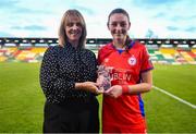 14 October 2023; Hannah Healy of Shelbourne is presented the player of the match by Sharon Lancaster, Marketing manager, Sports Direct, after the FAI Women's Cup semi-final match between Shamrock Rovers and Shelbourne at Tallaght Stadium in Dublin. Photo by Ben McShane/Sportsfile