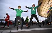 14 October 2023; Ireland supporters and brothers Sebastian, left, age 10, and Matthew Butler, age 13, from Goatstown, Dublin, before the 2023 Rugby World Cup quarter-final match between Ireland and New Zealand at the Stade de France in Paris, France. Photo by Harry Murphy/Sportsfile