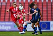 14 October 2023; Jodie Loughrey of Sligo Rovers in action against Kellie Brennan of Athlone Town during the FAI Women's Cup semi-final match between Sligo Rovers and Athlone Town at The Showgrounds in Sligo. Photo by Tyler Miller/Sportsfile