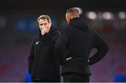 14 October 2023; Republic of Ireland head coach Colin O'Brien with Republic of Ireland assistant coach David Meyler before the UEFA European U17 Championship qualifying round 10 match between Republic of Ireland and Iceland at Turner's Cross in Cork. Photo by Eóin Noonan/Sportsfile