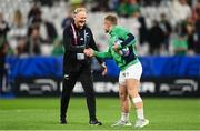 14 October 2023; New Zealand assistant coach Joe Schmidt, left, shakes hands with Ireland's Craig Casey before the 2023 Rugby World Cup quarter-final match between Ireland and New Zealand at the Stade de France in Paris, France. Photo by Harry Murphy/Sportsfile
