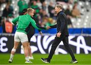14 October 2023; New Zealand assistant coach Joe Schmidt, right, shakes hands with Ireland's Craig Casey before the 2023 Rugby World Cup quarter-final match between Ireland and New Zealand at the Stade de France in Paris, France. Photo by Brendan Moran/Sportsfile