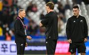 14 October 2023; New Zealand assistant coach Joe Schmidt, left, in conversation with Jordie Barrett, centre, and Will Jordan, right, before the 2023 Rugby World Cup quarter-final match between Ireland and New Zealand at the Stade de France in Paris, France. Photo by Brendan Moran/Sportsfile