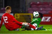 14 October 2023; Jayden Umeh of Republic of Ireland in action against Iceland goalkeeper Jón Solvi Simonarson during the UEFA European U17 Championship qualifying round 10 match between Republic of Ireland and Iceland at Turner's Cross in Cork. Photo by Eóin Noonan/Sportsfile