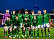 14 October 2023; Republic of Ireland players, back row, from left, Joseph Collins, Niall McAndrews, Jade Umeh, Grady McDonnell, James Roche, Luca Cailloce, Mason Melia, Kaylem Harnett, Harry McGlinchey, Matthew Moore (C) and Kyle Fitzgerald before the UEFA European U17 Championship qualifying round 10 match between Republic of Ireland and Iceland at Turner's Cross in Cork. Photo by Eóin Noonan/Sportsfile