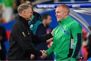 14 October 2023; New Zealand assistant coach Joe Schmidt greets Keith Earls of Ireland before the 2023 Rugby World Cup quarter-final match between Ireland and New Zealand at the Stade de France in Paris, France. Photo by Brendan Moran/Sportsfile