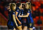 14 October 2023; Jesi Lynne Rossman of Athlone Town, second from right, celebrates with team-mate Dana Scheriff, right, after scoring their side's third goal during the FAI Women's Cup semi-final match between Sligo Rovers and Athlone Town at The Showgrounds in Sligo. Photo by Tyler Miller/Sportsfile