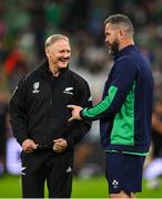 14 October 2023; New Zealand assistant coach Joe Schmidt, left, and Ireland head coach Andy Farrell before the 2023 Rugby World Cup quarter-final match between Ireland and New Zealand at the Stade de France in Paris, France. Photo by Brendan Moran/Sportsfile