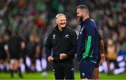 14 October 2023; New Zealand assistant coach Joe Schmidt, left, and Ireland head coach Andy Farrell before the 2023 Rugby World Cup quarter-final match between Ireland and New Zealand at the Stade de France in Paris, France. Photo by Brendan Moran/Sportsfile