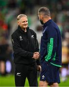 14 October 2023; New Zealand assistant coach Joe Schmidt, left, and Ireland head coach Andy Farrell before the 2023 Rugby World Cup quarter-final match between Ireland and New Zealand at the Stade de France in Paris, France. Photo by Brendan Moran/Sportsfile