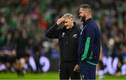 14 October 2023; New Zealand assistant coach Joe Schmidt, left, and Ireland head coach Andy Farrell before the 2023 Rugby World Cup quarter-final match between Ireland and New Zealand at the Stade de France in Paris, France. Photo by Brendan Moran/Sportsfile