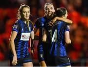 14 October 2023; Roisin Molloy of Athlone Town, right, celebrates with team-mates Dana Scheriff, left, and Chloe Singleton after scoring their side's fourth goal during the FAI Women's Cup semi-final match between Sligo Rovers and Athlone Town at The Showgrounds in Sligo. Photo by Tyler Miller/Sportsfile