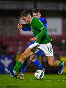 14 October 2023; Mason Melia of Republic of Ireland in action against Mikael Breki Bordarson of Iceland during the UEFA European U17 Championship qualifying round 10 match between Republic of Ireland and Iceland at Turner's Cross in Cork. Photo by Eóin Noonan/Sportsfile
