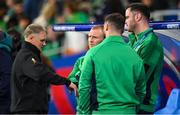14 October 2023; New Zealand assistant coach Joe Schmidt with Ireland players, from left, Keith Earls, Robbie Henshaw and James Ryan before the 2023 Rugby World Cup quarter-final match between Ireland and New Zealand at the Stade de France in Paris, France. Photo by Brendan Moran/Sportsfile