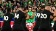 14 October 2023; Jonathan Sexton of Ireland watches New Zealand players perform the Haka before the 2023 Rugby World Cup quarter-final match between Ireland and New Zealand at the Stade de France in Paris, France. Photo by Brendan Moran/Sportsfile
