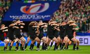 14 October 2023; New Zealand players perform the Haka before the 2023 Rugby World Cup quarter-final match between Ireland and New Zealand at the Stade de France in Paris, France. Photo by Ramsey Cardy/Sportsfile