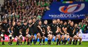 14 October 2023; New Zealand players perform the Haka before the 2023 Rugby World Cup quarter-final match between Ireland and New Zealand at the Stade de France in Paris, France. Photo by Ramsey Cardy/Sportsfile