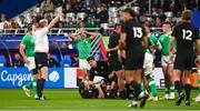 14 October 2023; James Lowe of Ireland reacts as a scrum penalty is award to New Zealand during the 2023 Rugby World Cup quarter-final match between Ireland and New Zealand at the Stade de France in Paris, France. Photo by Harry Murphy/Sportsfile