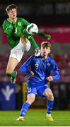 14 October 2023; Harry McGlinchey of Republic of Ireland in action against Porri Heißar Bergmann of Iceland during the UEFA European U17 Championship qualifying round 10 match between Republic of Ireland and Iceland at Turner's Cross in Cork. Photo by Eóin Noonan/Sportsfile