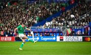 14 October 2023; Jonathan Sexton of Ireland kicks a conversion during the 2023 Rugby World Cup quarter-final match between Ireland and New Zealand at the Stade de France in Paris, France. Photo by Harry Murphy/Sportsfile
