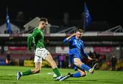14 October 2023; Mason Melia of Republic of Ireland in action against Solvi Stefansson of Iceland  during the UEFA European U17 Championship qualifying round 10 match between Republic of Ireland and Iceland at Turner's Cross in Cork. Photo by Eóin Noonan/Sportsfile