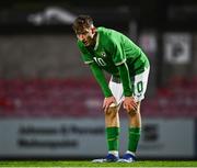 14 October 2023; Mason Melia of Republic of Ireland reacts during the UEFA European U17 Championship qualifying round 10 match between Republic of Ireland and Iceland at Turner's Cross in Cork. Photo by Eóin Noonan/Sportsfile
