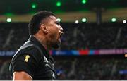14 October 2023; Ardie Savea of New Zealand celebrates after scoring his side's second try, in the 34th minute, during the 2023 Rugby World Cup quarter-final match between Ireland and New Zealand at the Stade de France in Paris, France. Photo by Ramsey Cardy/Sportsfile