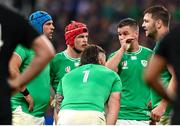 14 October 2023; Jonathan Sexton of Ireland, second from right, talks to teammates, from left, Tadhg Beirne, Josh van der Flier, Andrew Porter, 1, and Iain Henderson during the 2023 Rugby World Cup quarter-final match between Ireland and New Zealand at the Stade de France in Paris, France. Photo by Ramsey Cardy/Sportsfile