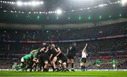 14 October 2023; Referee Wayne Barnes awards a scrum penalty to New Zealand during the 2023 Rugby World Cup quarter-final match between Ireland and New Zealand at the Stade de France in Paris, France. Photo by Ramsey Cardy/Sportsfile