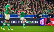 14 October 2023; Jonathan Sexton of Ireland kicks a penalty, which he subsequently missed, during the 2023 Rugby World Cup quarter-final match between Ireland and New Zealand at the Stade de France in Paris, France. Photo by Brendan Moran/Sportsfile