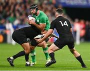 14 October 2023; Mack Hansen of Ireland in action during the 2023 Rugby World Cup quarter-final match between Ireland and New Zealand at the Stade de France in Paris, France. Photo by Harry Murphy/Sportsfile