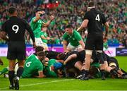 14 October 2023; Conor Murray of Ireland, left, celebrates his side's third try, a penalty try in the 64th minute, during the 2023 Rugby World Cup quarter-final match between Ireland and New Zealand at the Stade de France in Paris, France. Photo by Ramsey Cardy/Sportsfile