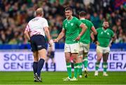 14 October 2023; Jonathan Sexton of Ireland talks with referee Wayne Barnes during the 2023 Rugby World Cup quarter-final match between Ireland and New Zealand at the Stade de France in Paris, France. Photo by Ramsey Cardy/Sportsfile