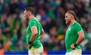 14 October 2023; Ireland players Peter O’Mahony, left, and Finlay Bealham after their side's defeat in the 2023 Rugby World Cup quarter-final match between Ireland and New Zealand at the Stade de France in Paris, France. Photo by Ramsey Cardy/Sportsfile