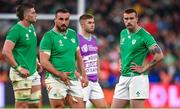 14 October 2023; Ireland players, from left, Joe McCarthy, Rónan Kelleher, Jack Crowley and Mack Hansen after their side's defeat in the 2023 Rugby World Cup quarter-final match between Ireland and New Zealand at the Stade de France in Paris, France. Photo by Ramsey Cardy/Sportsfile