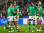 14 October 2023; Ireland players, from left, Dave Kilcoyne, James Lowe, Peter O’Mahony and Finlay Bealham after their side's defeat in the 2023 Rugby World Cup quarter-final match between Ireland and New Zealand at the Stade de France in Paris, France. Photo by Ramsey Cardy/Sportsfile