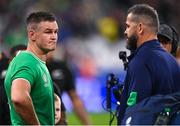 14 October 2023; Ireland captain Jonathan Sexton, left, and Ireland head coach Andy Farrell after their side's defeat in the 2023 Rugby World Cup quarter-final match between Ireland and New Zealand at the Stade de France in Paris, France. Photo by Ramsey Cardy/Sportsfile