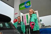 17 October 2023; Certa, Ireland’s largest fuel supplier, has opened Ireland’s first HVO biofuel station in Liffey Valley. Hydrotreated Vegetable Oil (HVO), which is produced from waste plant matter, is available at all pumps alongside diesel and unleaded petrol at the new forecourt. HVO can be used as a direct replacement for diesel without any need for vehicle or engine modifications to help motorists lower their carbon emissions by up to 90%. Certa operates 41 unmanned pay@pump forecourts and plans to roll out its HVO offering across its network. For more information visit: www.certaireland.ie. In attendance are Ireland Women's Cricket players and Certa brand ambassadors Laura Delany, left, and Gaby Lewis. Photo by David Fitzgerald/Sportsfile