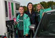 17 October 2023; Certa, Ireland’s largest fuel supplier, has opened Ireland’s first HVO biofuel station in Liffey Valley. Hydrotreated Vegetable Oil (HVO), which is produced from waste plant matter, is available at all pumps alongside diesel and unleaded petrol at the new forecourt. HVO can be used as a direct replacement for diesel without any need for vehicle or engine modifications to help motorists lower their carbon emissions by up to 90%. Certa operates 41 unmanned pay@pump forecourts and plans to roll out its HVO offering across its network. For more information visit: www.certaireland.ie. In attendance is Certa Head of Retail Grace Cunningham with Ireland Women's Cricket players and Certa brand ambassadors Gaby Lewis, right, and Laura Delany. Photo by David Fitzgerald/Sportsfile