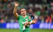 14 October 2023; James Lowe of Ireland with his son Nico after the 2023 Rugby World Cup quarter-final match between Ireland and New Zealand at the Stade de France in Paris, France. Photo by Harry Murphy/Sportsfile