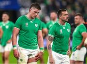 14 October 2023; Ireland players Joe McCarthy, left, and Mack Hansen after their side's defeat in the 2023 Rugby World Cup quarter-final match between Ireland and New Zealand at the Stade de France in Paris, France. Photo by Brendan Moran/Sportsfile