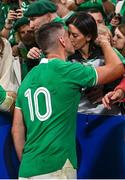 14 October 2023; Jonathan Sexton of Ireland shares a kiss with his wife Laura after the 2023 Rugby World Cup quarter-final match between Ireland and New Zealand at the Stade de France in Paris, France. Photo by Brendan Moran/Sportsfile