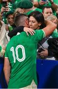 14 October 2023; Jonathan Sexton of Ireland is hugged by his wife Laura after the 2023 Rugby World Cup quarter-final match between Ireland and New Zealand at the Stade de France in Paris, France. Photo by Brendan Moran/Sportsfile