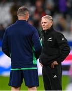 14 October 2023; New Zealand assistant coach Joe Schmidt, right, and Ireland head coach Andy Farrell after the 2023 Rugby World Cup quarter-final match between Ireland and New Zealand at the Stade de France in Paris, France. Photo by Ramsey Cardy/Sportsfile